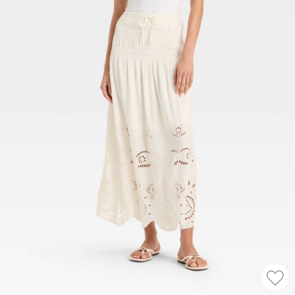 High-Rise Embroidered Eyelet Drop Waist A-Line Cream Skirt